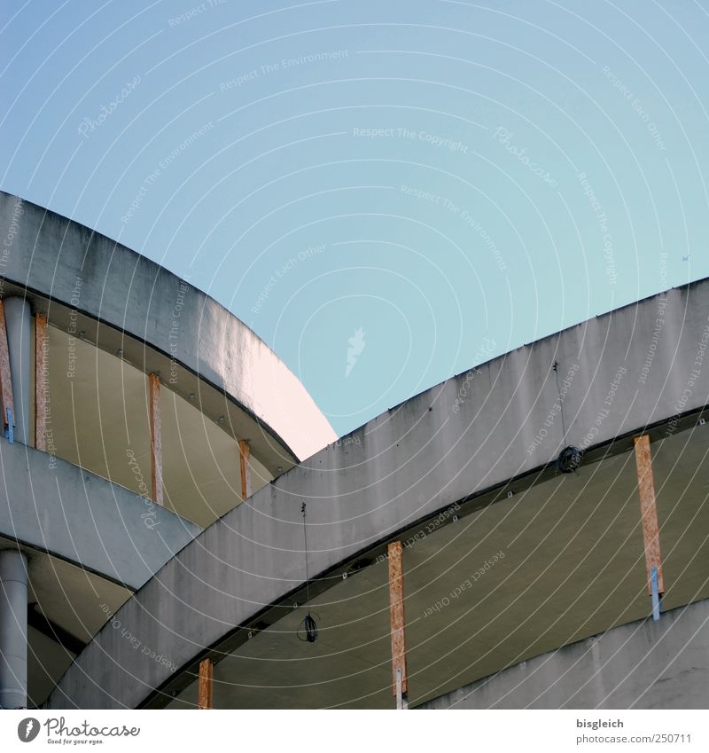 multi-storey car park Sky Cloudless sky Parking garage Concrete Wood Build Blue Gray Construction site Colour photo Exterior shot Deserted Copy Space top Day