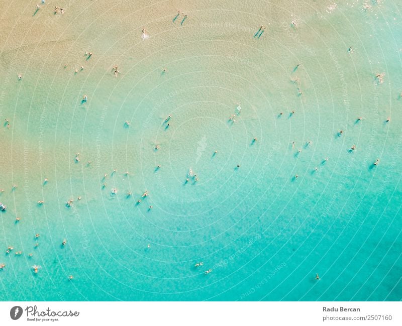 Aerial Summer View Of Clear Ocean Water Full Of Tourists Beach Vantage point Aircraft Top Human being Above Vacation & Travel crowd Background picture Blue