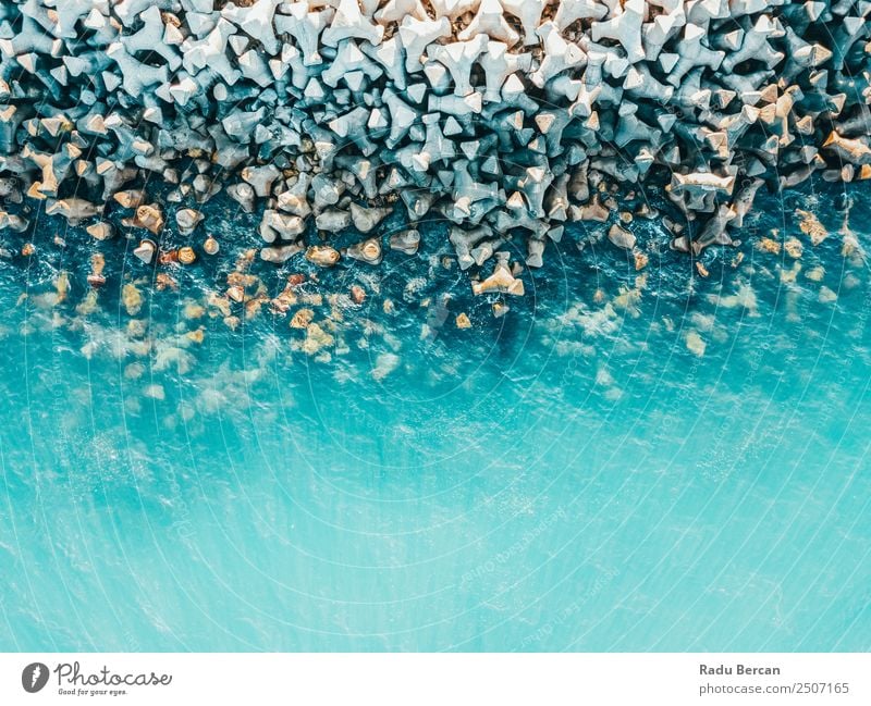 Aerial Drone View Of Concrete Pier On Water At The Black Sea Ocean Rock Beach Break water Background picture Blue Stone Nature Vacation & Travel Landscape