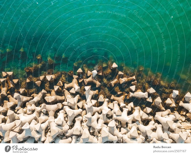 Aerial Drone View Of Concrete Pier On Water At The Black Sea Ocean Rock Beach Break water Background picture Blue Stone Nature Vacation & Travel Landscape