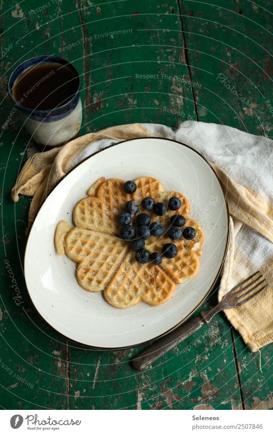 breakfast waffles Food Fruit Dough Baked goods Waffle Berries Blueberry Coffee Coffee cup Nutrition Eating Breakfast To have a coffee Crockery Mug Fork To enjoy