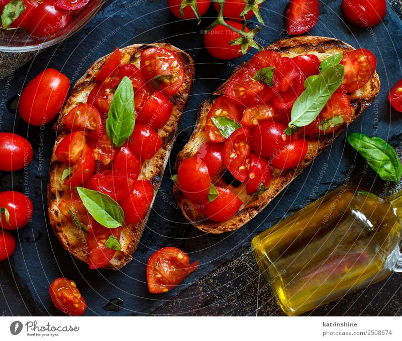 Homemade Italian Bruschetta Vegetable Bread Nutrition Vegetarian diet Diet Bottle Dark Fresh Delicious Red Black Tradition antipasto appetizer Baguette Basil