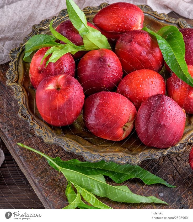 red ripe peaches nectarine Fruit Dessert Nutrition Plate Summer Table Wood Fresh Above Juicy Brown Green Red Mature Peach Nectarine background food healthy