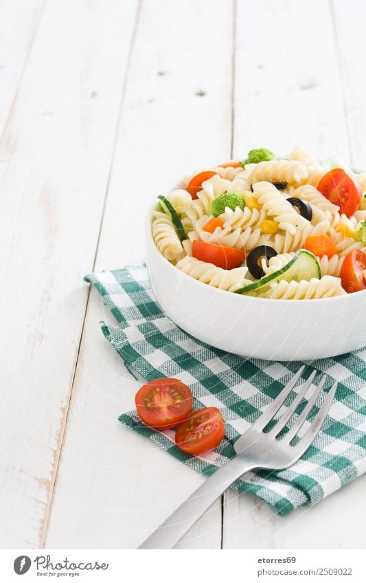 Pasta salad on white wooden table Food Healthy Eating Food photograph Dish Vegetable Lettuce Salad Dough Baked goods Nutrition Vegetarian diet Bowl Summer Fresh