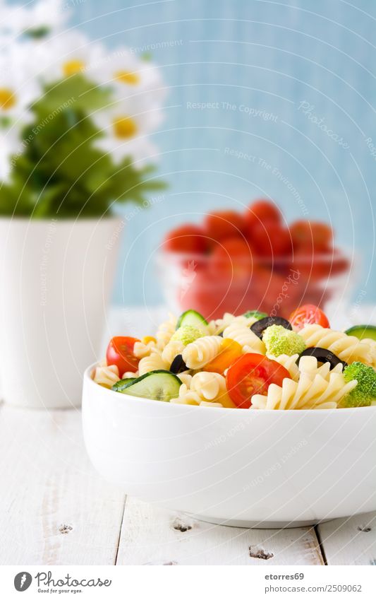 Pasta salad on white wooden table Food Healthy Eating Food photograph Dish Vegetable Lettuce Salad Dough Baked goods Nutrition Vegetarian diet Bowl Summer Fresh