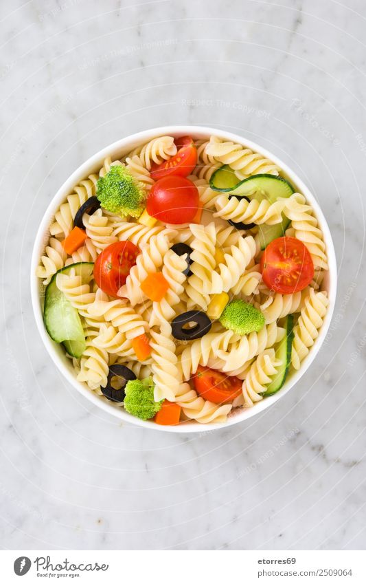 Pasta salad on white marble Food Healthy Eating Food photograph Dish Vegetable Lettuce Salad Dough Baked goods Nutrition Vegetarian diet Bowl Summer Fresh Good