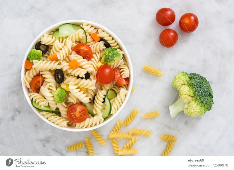 Pasta salad on white marble Food Healthy Eating Food photograph Dish Vegetable Lettuce Salad Dough Baked goods Nutrition Vegetarian diet Bowl Summer Fresh Good