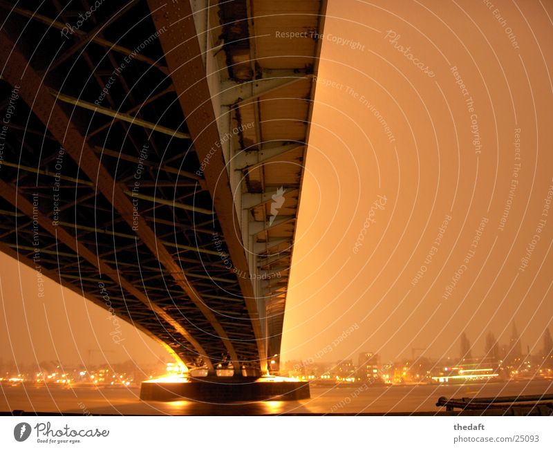 bridge Light Night Bonn Floodlight Bridge pier Historic Long exposure Snow River Lighting Rhine Flare Beam of light