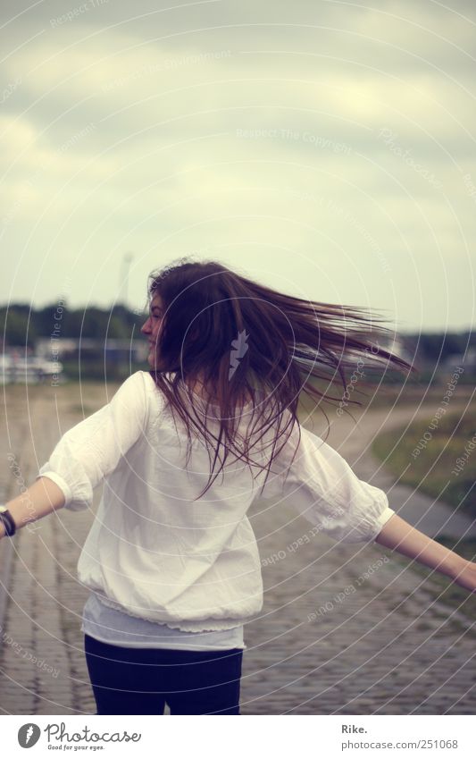 Danced like there was no tomorrow. Human being Young woman Youth (Young adults) 1 18 - 30 years Adults Sky Blouse Brunette Long-haired Movement Rotate Dream