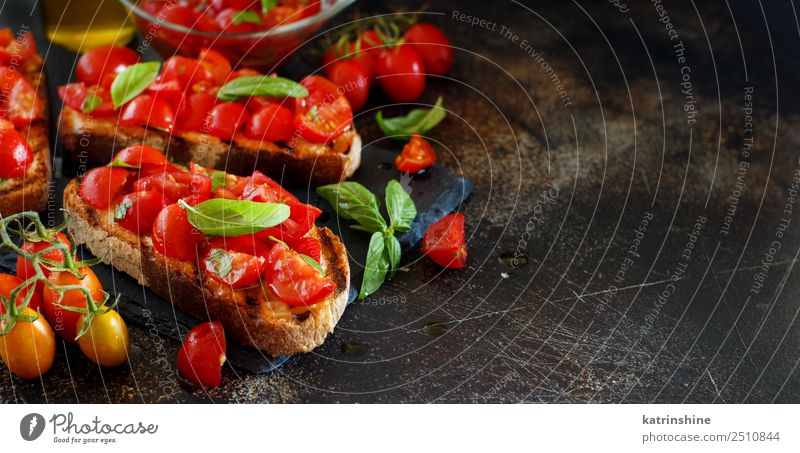 Homemade Italian Bruschetta A Vegetable Bread Nutrition Vegetarian diet Diet Dark Fresh Delicious Red Black Tradition antipasto appetizer Baguette Basil