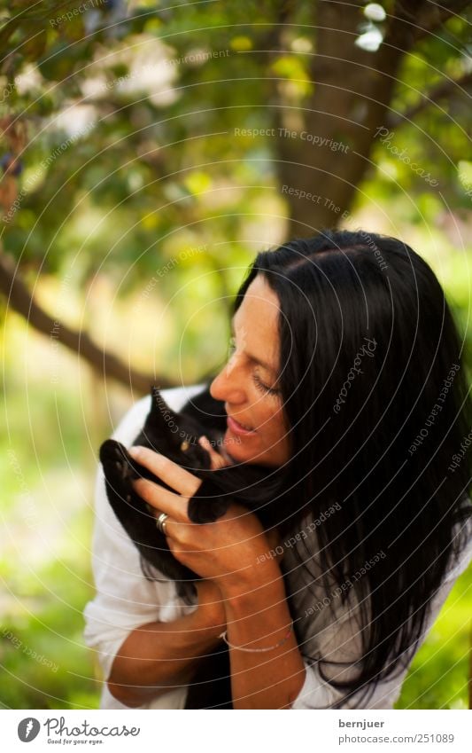 tigresses vertes Playing Summer Garden Human being Woman Adults 1 Nature T-shirt Animal Pet Cat Touch Happiness Green White Emotions Safety (feeling of) Joy