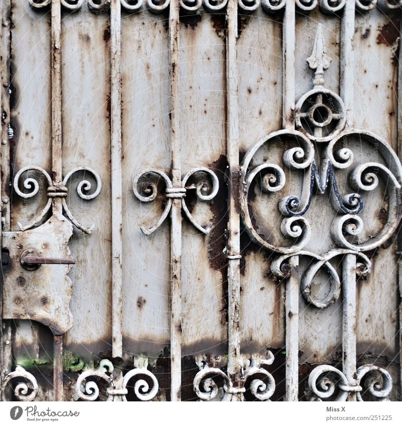 Bows and squiggles Door Old Rust Curlicue Wrought iron Iron Metal Gate Door lock Door handle Colour photo Multicoloured Close-up Pattern Structures and shapes