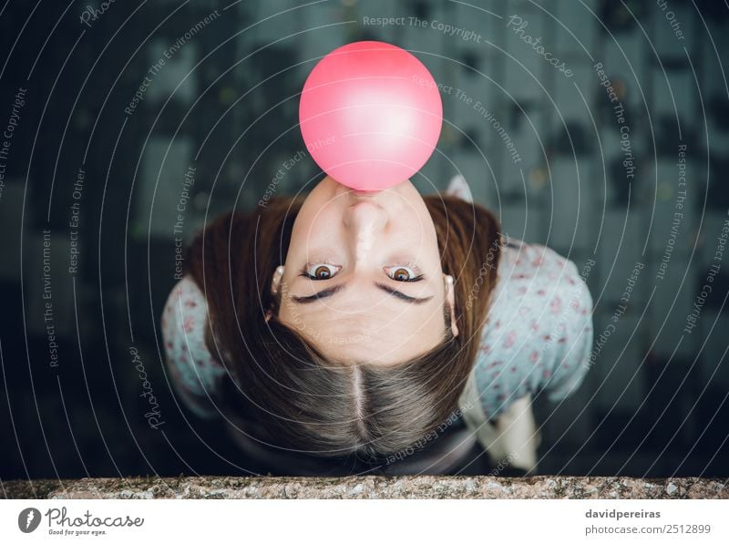 Young teenage girl blowing pink bubble gum Lifestyle Joy Happy Beautiful Face Human being Woman Adults Youth (Young adults) Mouth Lips Fashion Brunette Balloon