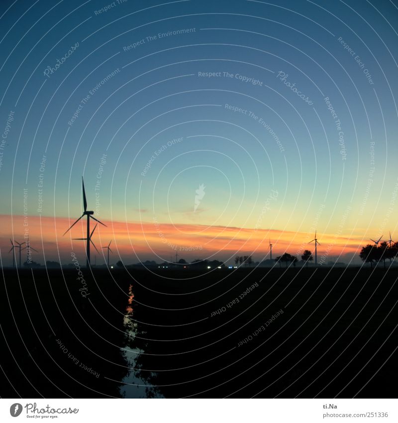 romantic wind turbines Wind energy plant Sunrise Sunset Beautiful weather Dithmarschen Illuminate Looking Stand Blue Yellow Gold Red Black Happy Horizon