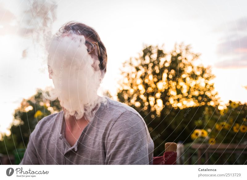 border transgression Smoking Masculine Young man Youth (Young adults) 1 Human being Nature Plant Sky Sunlight Summer Beautiful weather Tree Garden Smoke Sit