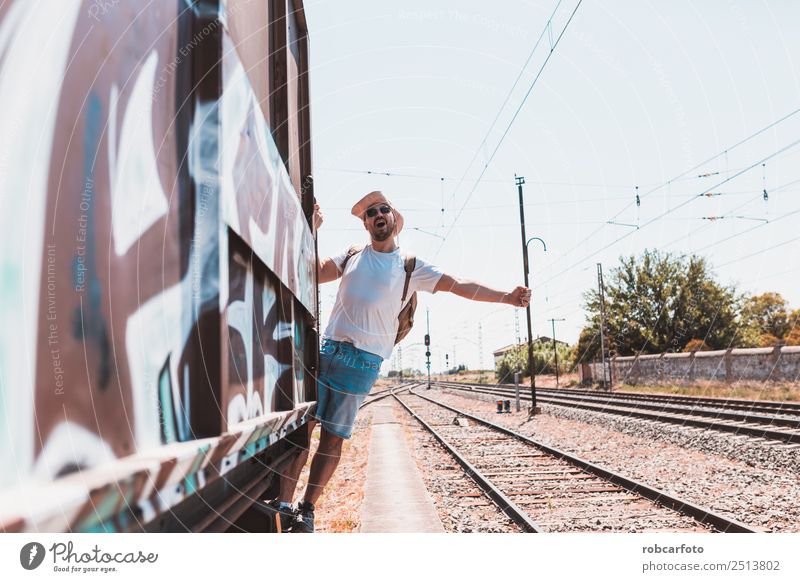 man traveling in train carriage Happy Vacation & Travel Business Human being Man Adults Transport Street Car Railroad Old Movement Modern White Dangerous