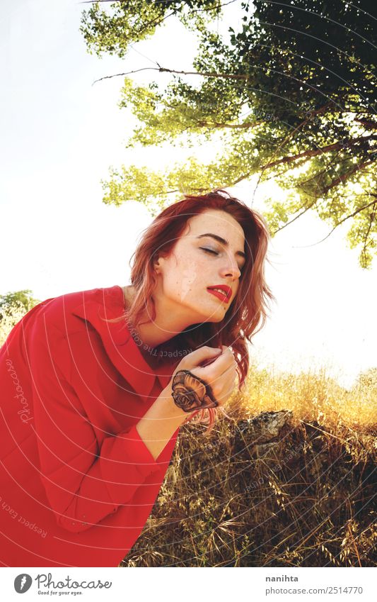 Young woman enjoying sunlight in autumn Lifestyle Elegant Style Beautiful Freckles Wellness Harmonious Senses Relaxation Human being Feminine