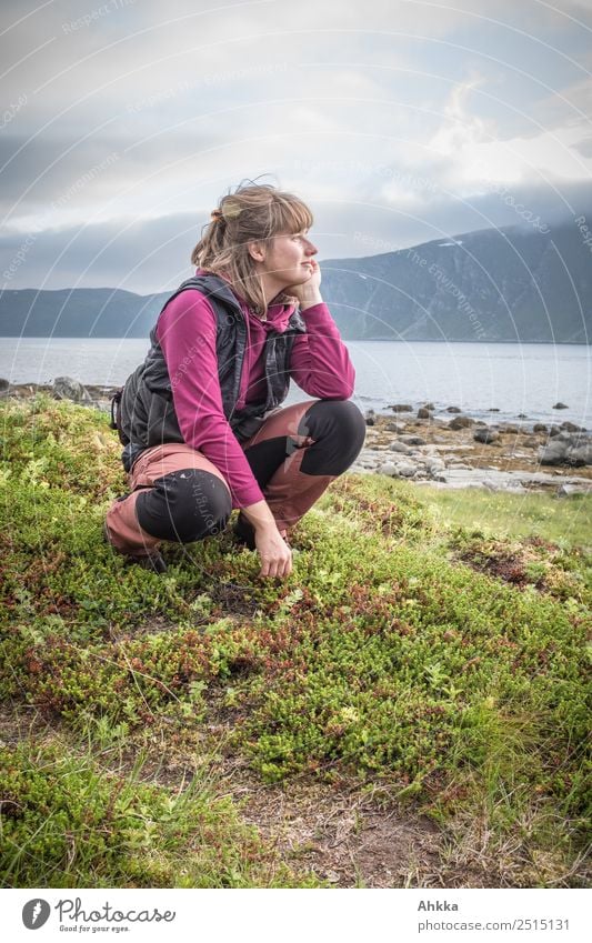 Young woman enjoys Nordic landscape Contentment Relaxation Calm Vacation & Travel Trip Adventure Far-off places Youth (Young adults) Fjord Norway To enjoy