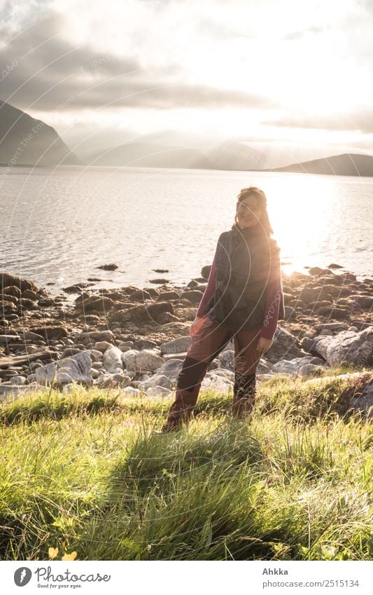 Young woman at the fjord Vacation & Travel Trip Adventure Summer vacation Youth (Young adults) Life Landscape Coast Fjord Ocean Arctic Ocean Norway Authentic