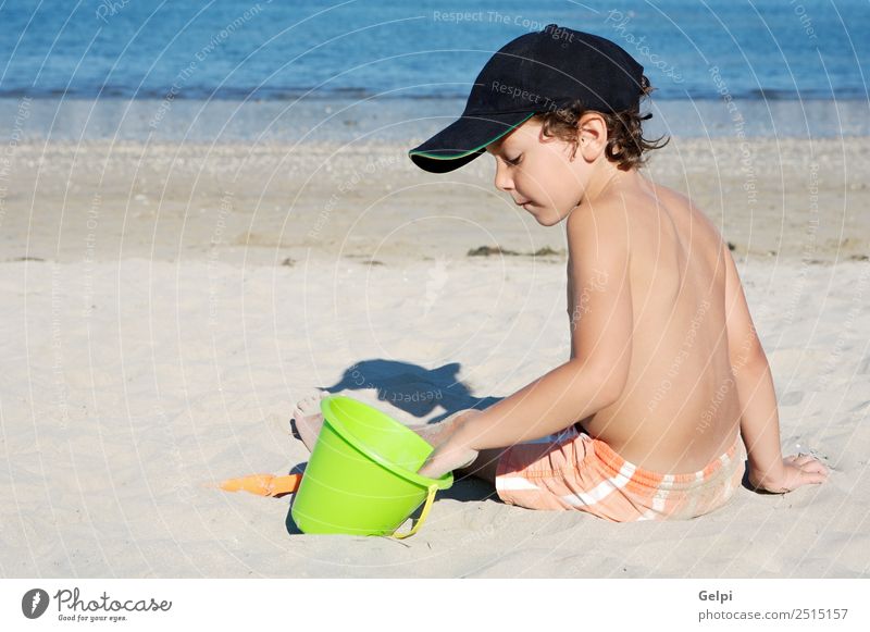 adorable boy playing in the beach over a white background Joy Happy Beautiful Swimming pool Playing Vacation & Travel Trip Summer Sun Beach Ocean Child