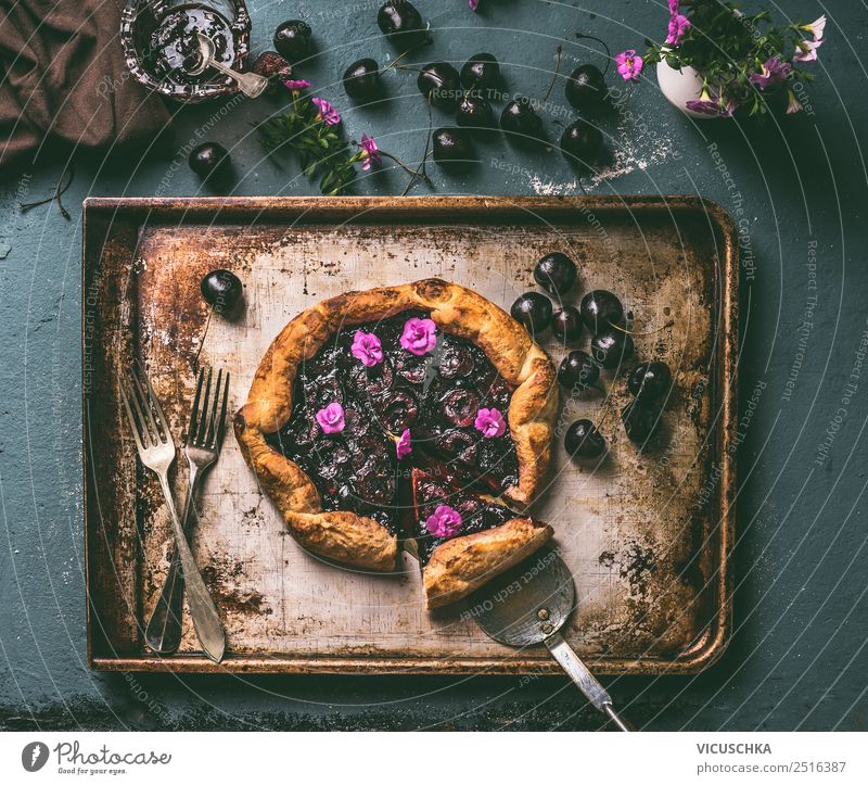 Cherry cake on the kitchen table Food Fruit Cake Dessert Nutrition Crockery Style Design Healthy Summer Living or residing Table Kitchen Still Life cherry pie