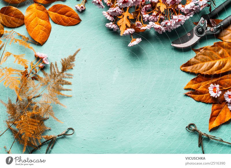 Autumn decoration with autumn leaves tinker Style Design Decoration Bouquet Handicraft Autumn leaves Scissors Frame Background picture Idea Colour photo