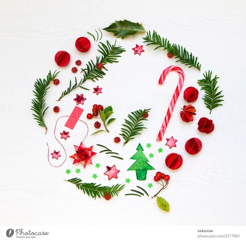 christmas flatlay Candy cane Feasts & Celebrations Christmas & Advent Plant Tree Leaf Holly leaf Ilex Fir tree Fir branch Christmas tree Wood Sign Star (Symbol)