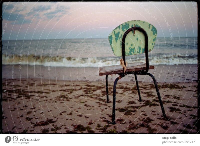 Stool at the lake Environment Nature Sand Air Water Sky Sunrise Sunset Waves Beach Ocean Sit Stand Wait Chair Empty Algae lake view Coast Swimming & Bathing