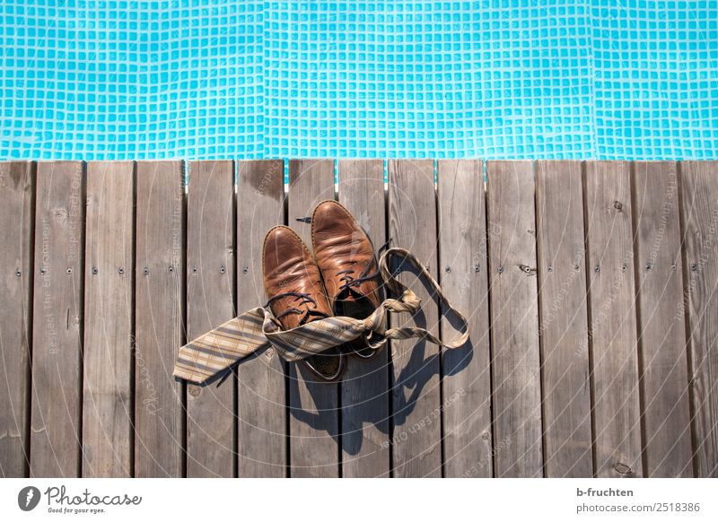 Lunch break at the pool Life Relaxation Swimming pool Vacation & Travel Summer vacation Swimming & Bathing Tie Footwear Friendliness Fresh Blue Brown Joy