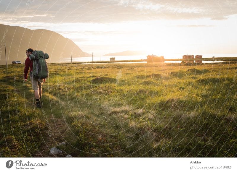 Hikers at the Polar Sea in midnight sun Harmonious Contentment Calm Hiking Energy industry Renewable energy Solar Power Young man Youth (Young adults) Life