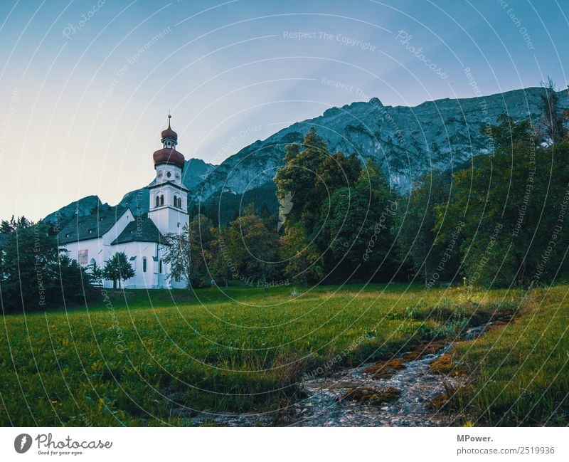 mountain idyll Village Old Church Austria Mountain Alps Brook Religion and faith House of worship Sunbeam Chapel Meadow Belief Prayer Catholicism Colour photo