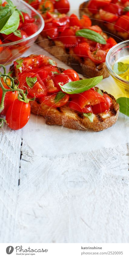 Homemade Italian Bruschetta Appetizer Vegetable Bread Nutrition Vegetarian diet Diet Wood Fresh Delicious Red Tradition antipasto appetizer Baguette Basil