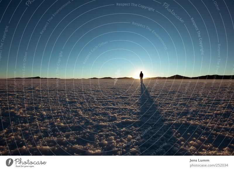 pure morning Masculine Man Adults 1 Human being Landscape Cloudless sky Horizon Sunrise Sunset Sunlight Blue Brown Salar de Uyuni Bolivia Salt Freedom