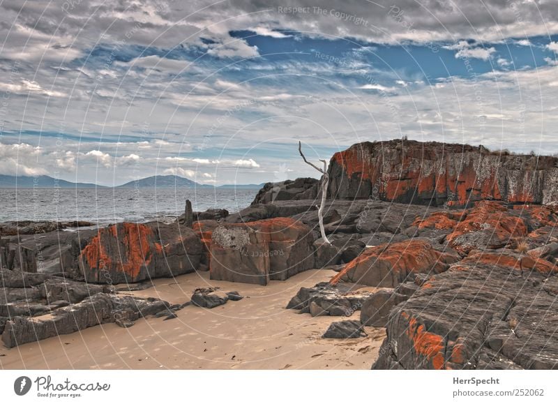 World End East Southeast Landscape Sand Water Sky Clouds Waves Coast Beach Bay Ocean Loneliness Idyll Nature Far-off places Calm Tasmania Rock Colouring Red