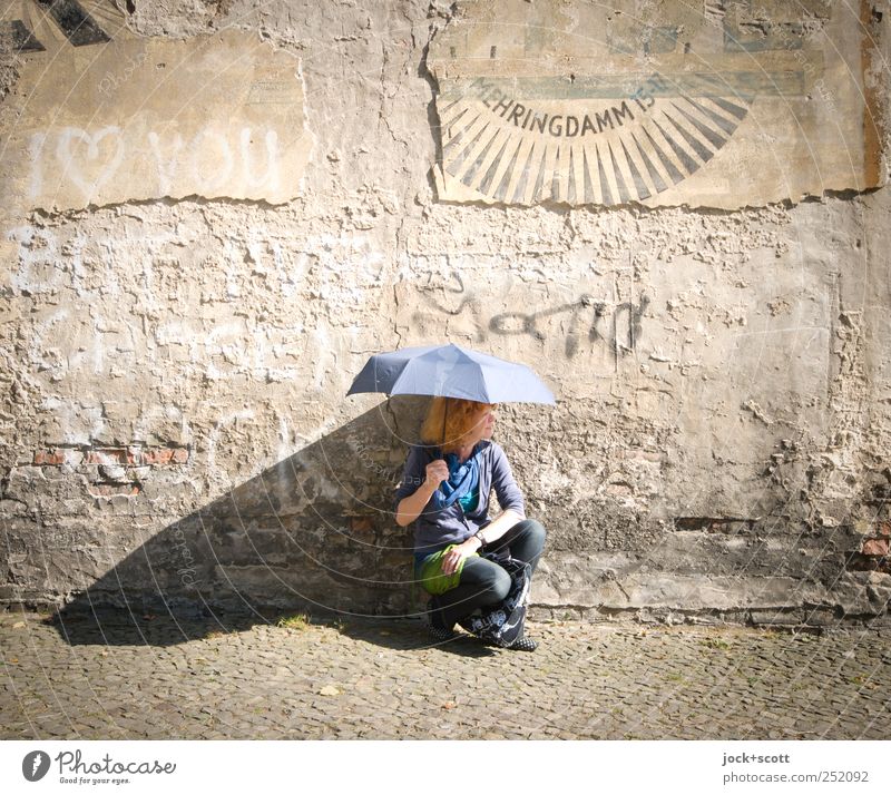 Mrs Sunshine Style Well-being 45 - 60 years Kreuzberg Wall (barrier) Umbrella Red-haired Characters Graffiti Heart Crouch Old Brown Contentment Optimism