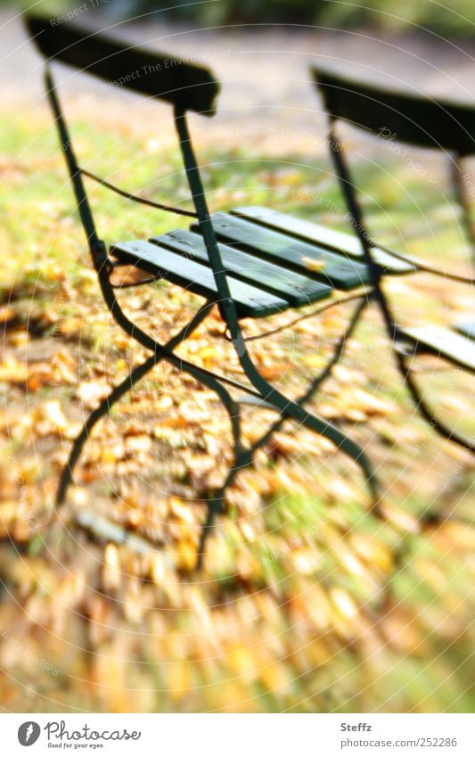 empty chairs in the autumn garden empty seat Chair October November Holiday season Empty Indian Summer Lifestyle differently seasonal End of the season Calm