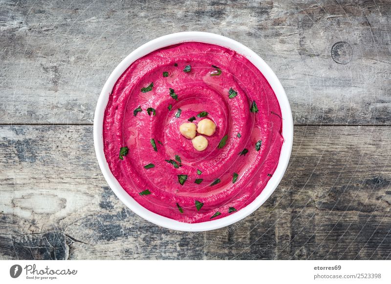 Beet hummus in bowl. Top view Food Bread Nutrition Vegetarian diet Diet Bowl Healthy Eating Table Wood Fresh Red beet Dish Food photograph Lemon Coriander