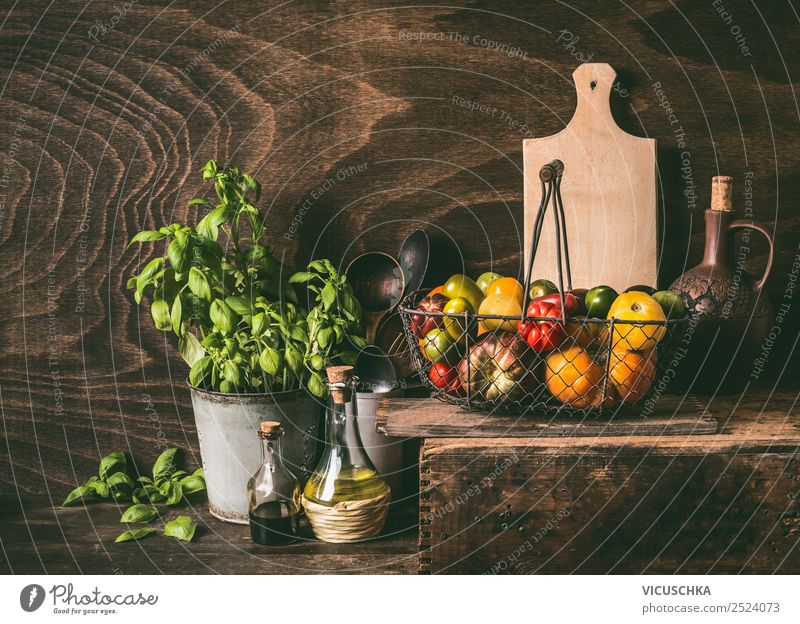 Colourful tomatoes in basket on wooden table Food Vegetable Nutrition Organic produce Vegetarian diet Crockery Style Design Healthy Healthy Eating Summer