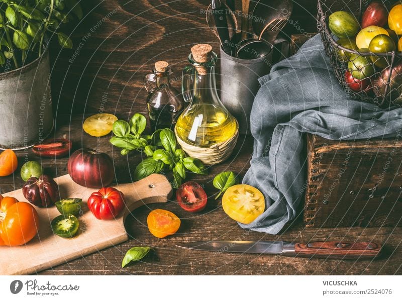 Colorful tomatoes on the kitchen table with basil Food Vegetable Lettuce Salad Herbs and spices Cooking oil Nutrition Lunch Organic produce Vegetarian diet Diet