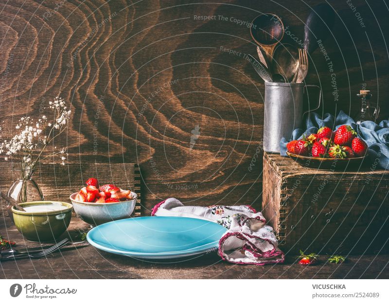 Still life with strawberries on the kitchen table Food Fruit Nutrition Breakfast Organic produce Vegetarian diet Crockery Plate Style Design Healthy Eating