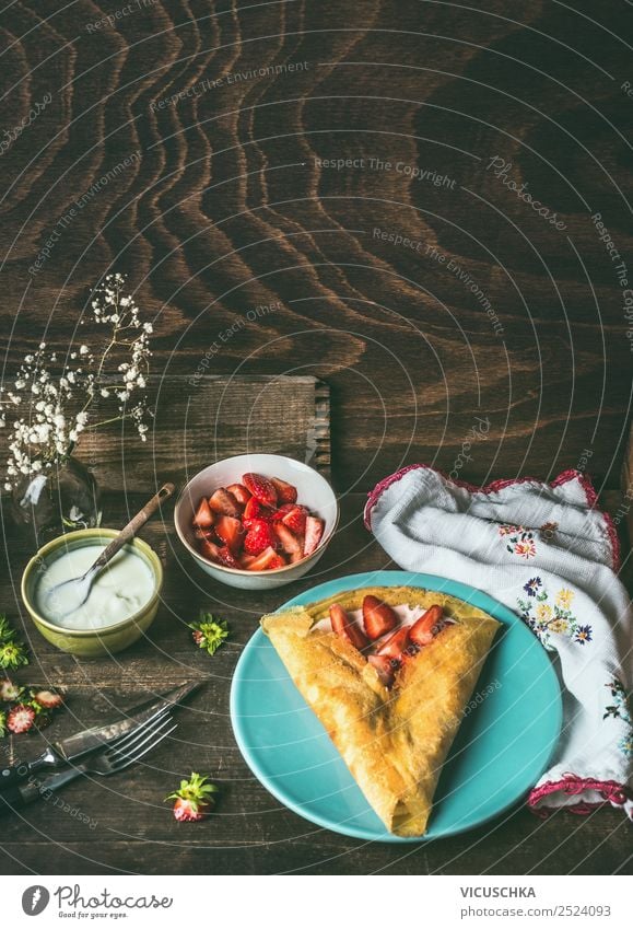 Pancakes with strawberries and yoghurt Food Yoghurt Fruit Dough Baked goods Nutrition Breakfast Vegetarian diet Crockery Style Design Living or residing Table