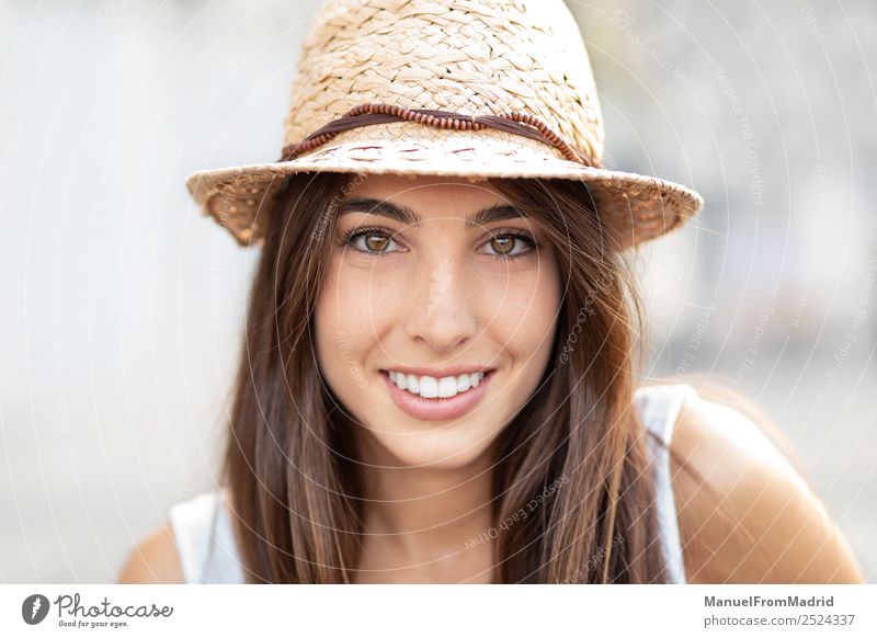 portrait young woman outdoors summer smiling Lifestyle Elegant Joy Happy Beautiful Face Summer Human being Woman Adults Fashion Dress Hat Brunette Smiling Stand