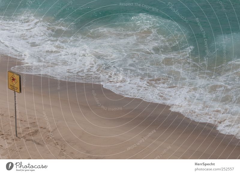 swimming ban Summer Beautiful weather Waves Coast Beach Ocean Sign Characters Signage Warning sign Esthetic Loneliness Sandy beach Prohibition sign Current