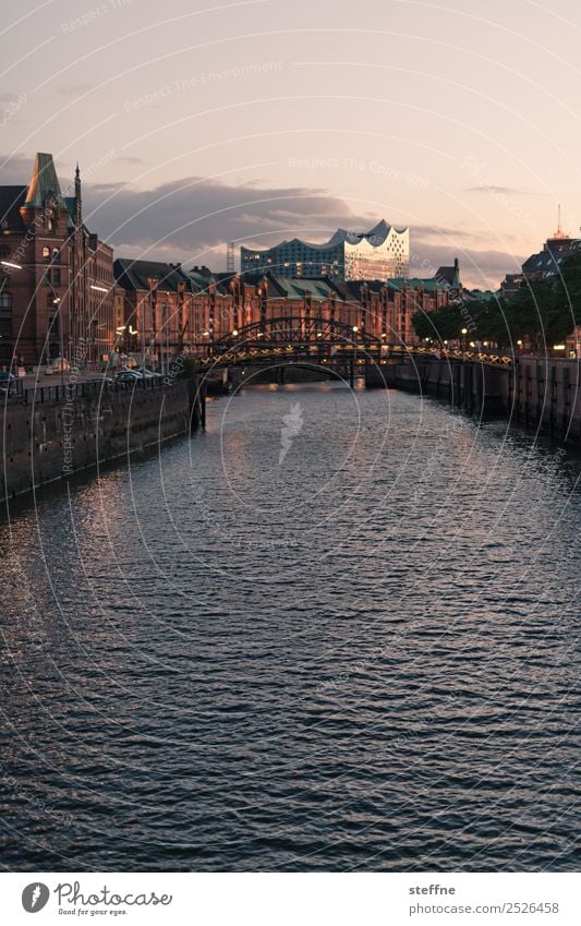 . Sunrise Sunset Beautiful weather Historic Modern Hamburg Old warehouse district Elbe Philharmonic Hall Channel Panorama (View) Colour photo Exterior shot