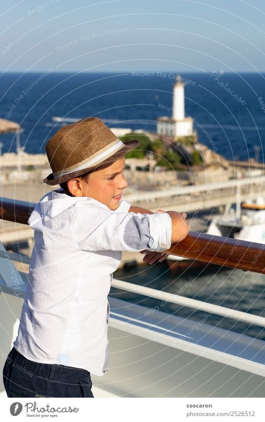 Little kid looking at sea from the railing of a cruise Lifestyle Joy Happy Beautiful Vacation & Travel Cruise Summer Sun Beach Ocean Child Human being Masculine