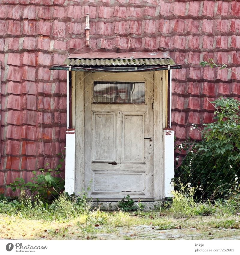 spooky neighborhood Bushes Deserted Hut Facade Window Door Roof Eaves Chimney Front door Entrance Wooden door Old Dark Simple Original Trashy Gloomy Wild Red