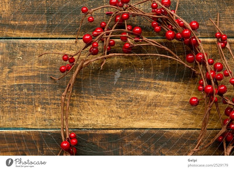 Christmas branch with red fruits on a wooden background Fruit Winter Decoration Feasts & Celebrations Christmas & Advent Nature Plant Tree Leaf Wood New Brown