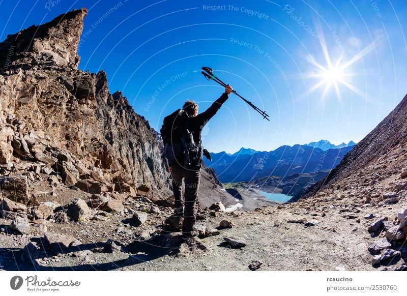 Hiker reaches a high mountain pass Vacation & Travel Adventure Expedition Summer Sun Mountain Hiking Sports Success Man Adults Nature Landscape Sky Alps Peak