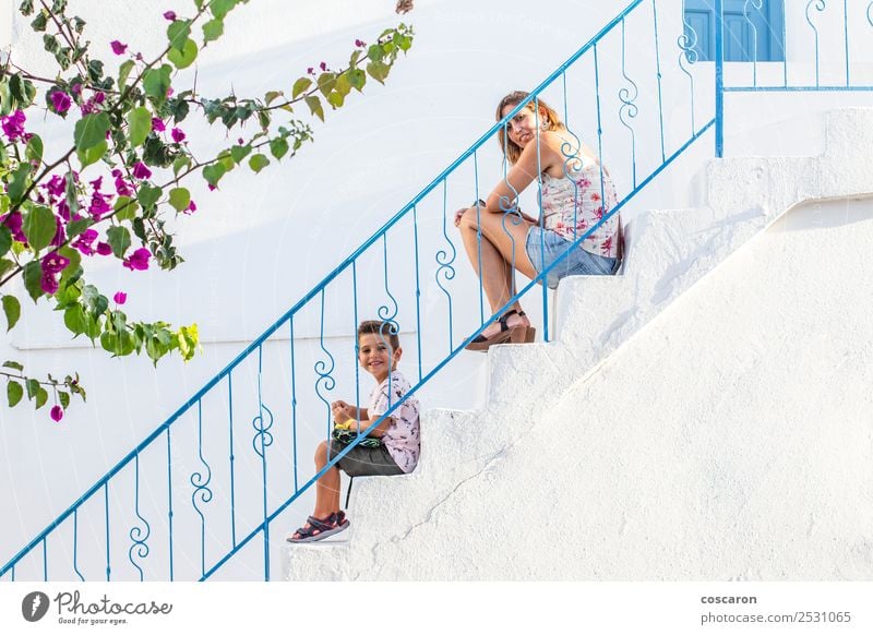 Mother and son on a white stairs with a blue railing Lifestyle Style Joy Happy Beautiful Playing House (Residential Structure) Child Human being Baby