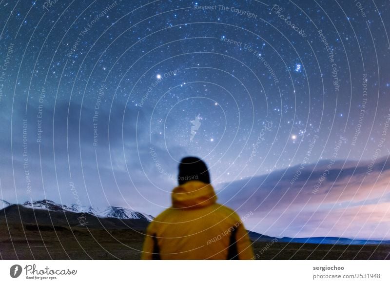 stargazing Mountain Hiking Young man Youth (Young adults) Back 1 Human being Clouds Stars Autumn Beautiful weather Rock Peak Snowcapped peak Wisdom Purity